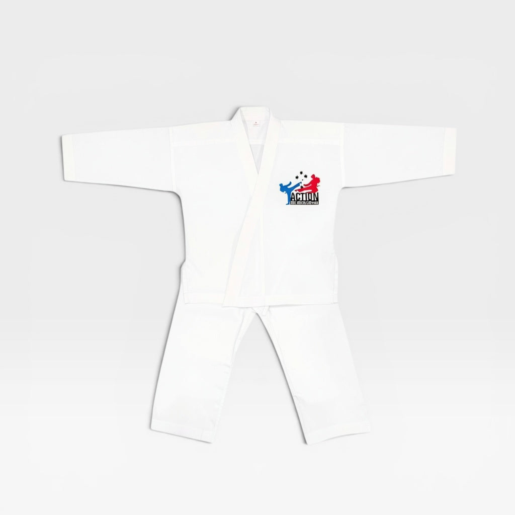 White junior cotton taekwondo uniform with Action Tae Kwon-Do patch
