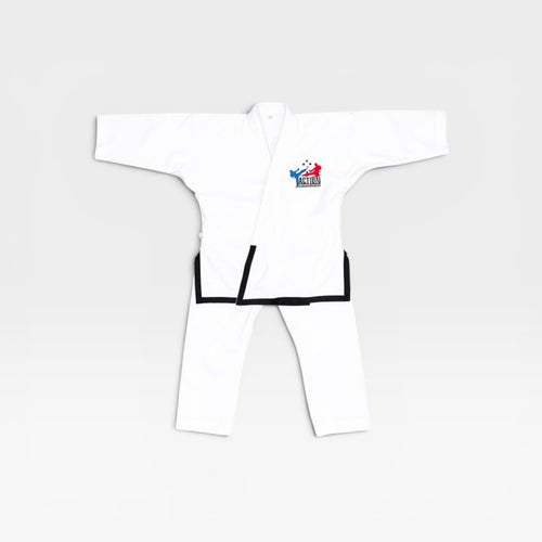 Black belt taekwondo uniform with black collar trim and Action Tae Kwon-Do patch