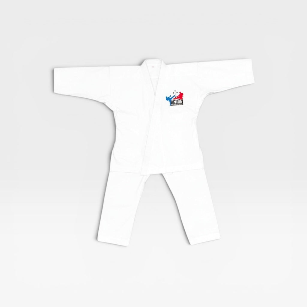 White heavyweight canvas taekwondo uniform with Action Tae Kwon-Do patch